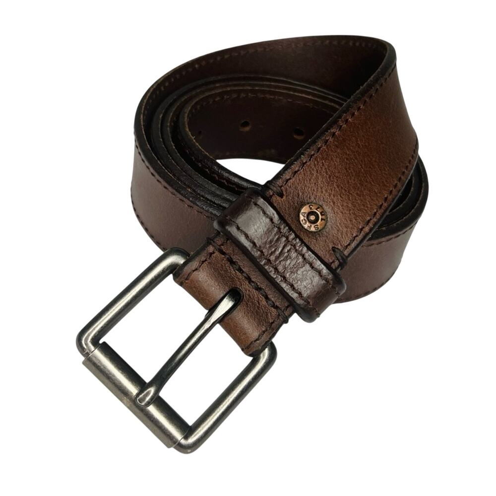 Levi's Mens Belt SZ 44 Brown Leather  Silvertone Roller Buckle Rugged Streetwear